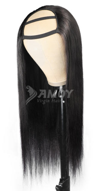 【Amoy Virgin Hair】U part Machine Made Nature Color Straight Virgin Hair Wigs 130%-180% Density