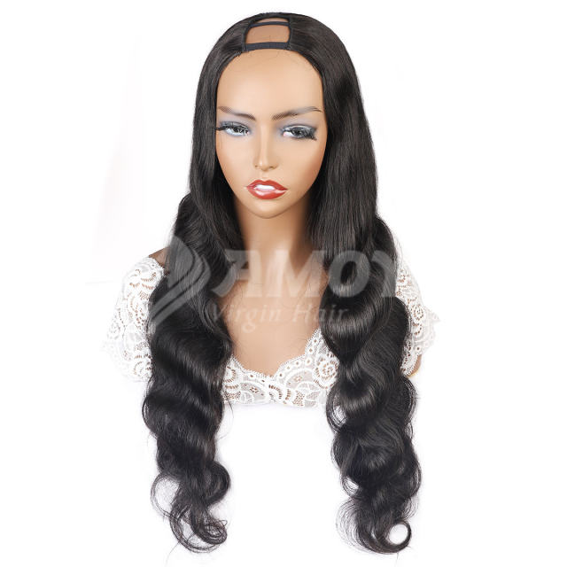 【Amoy Virgin Hair】U part Machine Made Nature Color Body Wave Virgin Hair Wigs 130%-180% Density