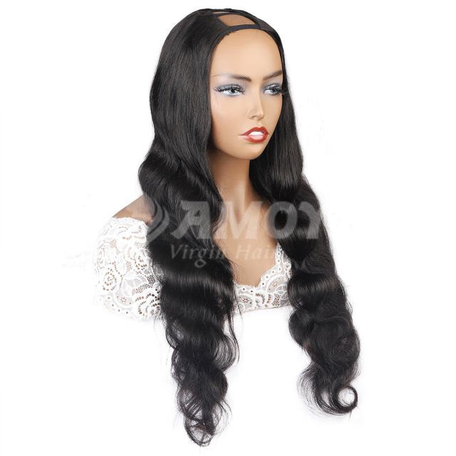 【Amoy Virgin Hair】U part Machine Made Nature Color Body Wave Virgin Hair Wigs 130%-180% Density