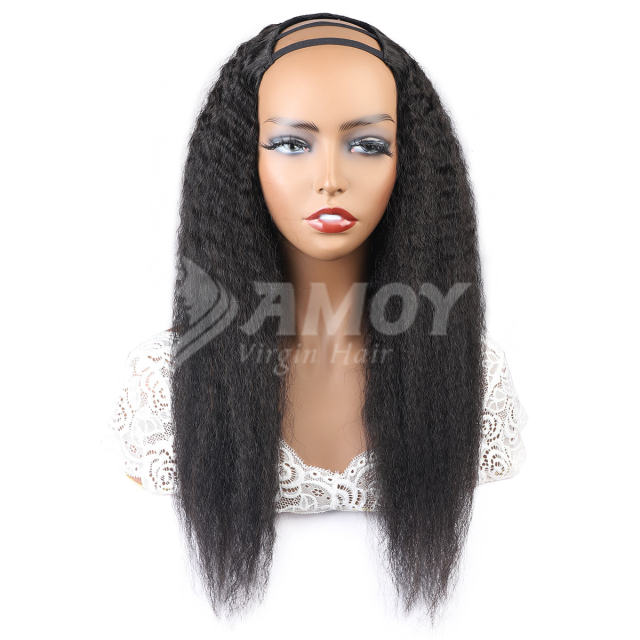 【Amoy Virgin Hair】U part Machine Made Nature Color Yaki Straight Virgin Hair Wigs 130%-180% Density