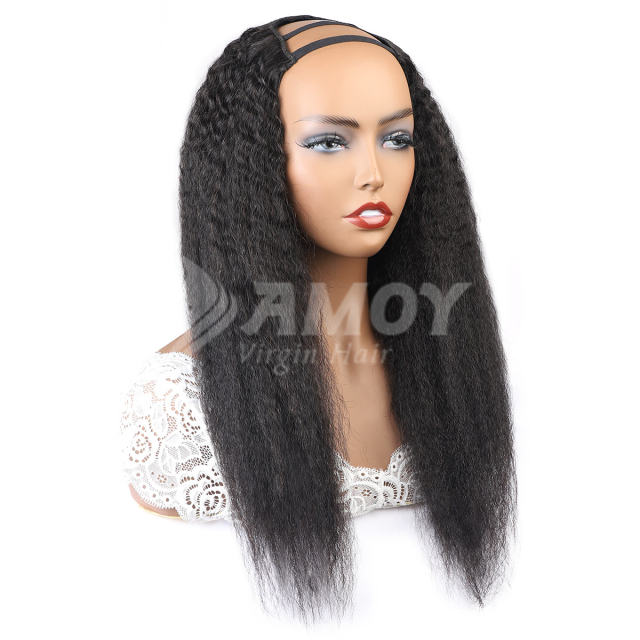 【Amoy Virgin Hair】U part Machine Made Nature Color Yaki Straight Virgin Hair Wigs 130%-180% Density