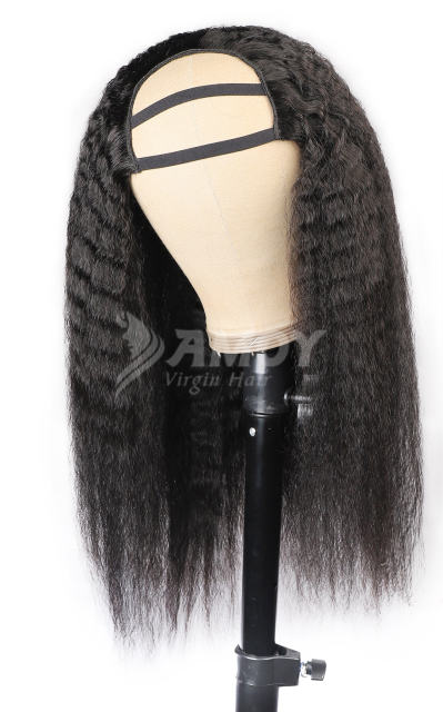【Amoy Virgin Hair】U part Machine Made Nature Color Yaki Straight Virgin Hair Wigs 130%-180% Density