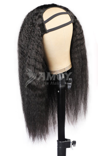 【Amoy Virgin Hair】U part Machine Made Nature Color Yaki Straight Virgin Hair Wigs 130%-180% Density