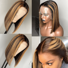 Amoy Virgin Hair 4*4 Bobo Lace Short P4/27 Highlight Honey Blonde Straight Hair Wigs