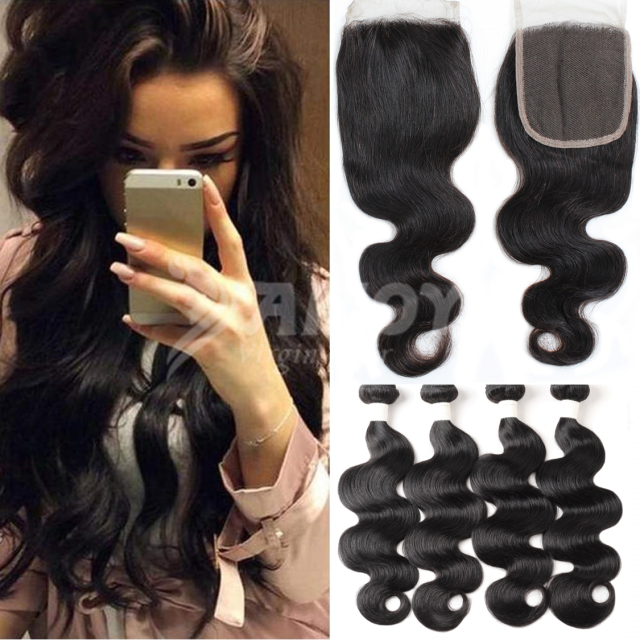Amoy Virgin Hair Body Wave 8A Remy Hair 4 Bundles with 4*4 Lace Closure