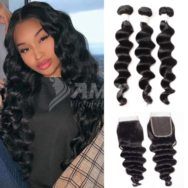 Amoy Virgin Hair Loose Deep  8A Remy Hair 3 Bundles with 4*4 Lace Closure