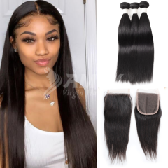 Amoy Virgin Hair Straight 8A Remy Hair 3 Bundles with 4*4 Lace Closure