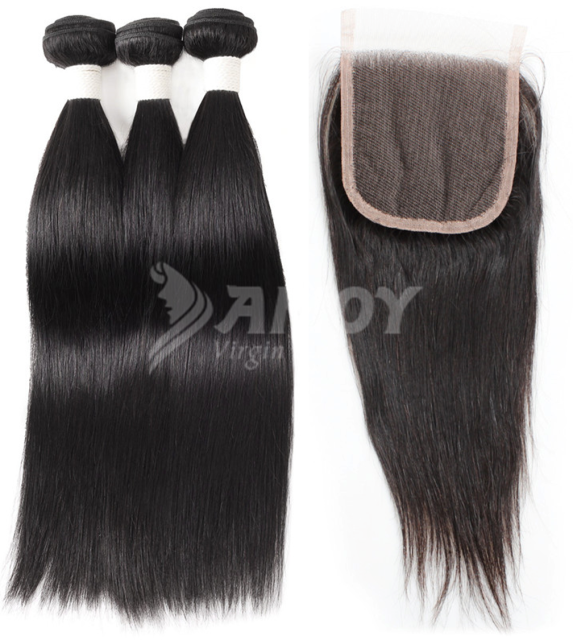 Amoy Virgin Hair Straight 8A Remy Hair 3 Bundles with 4*4 Lace Closure