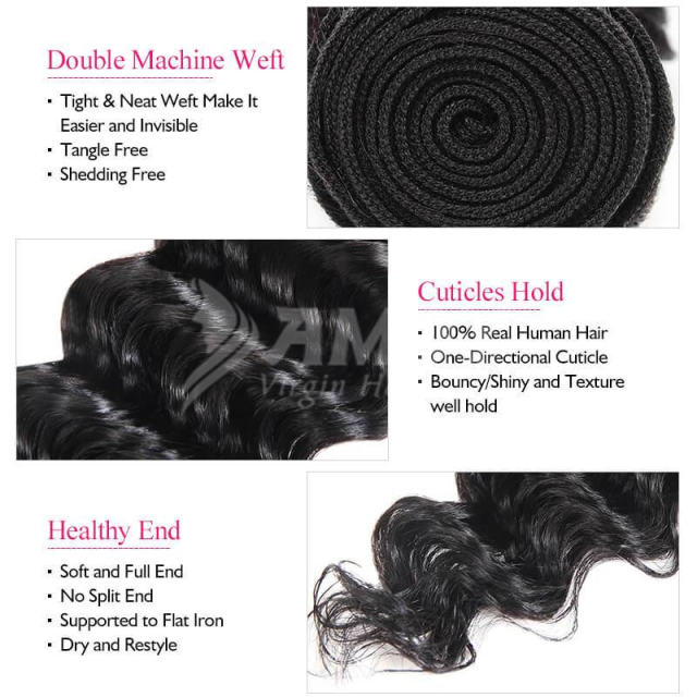 Amoy Virgin Hair Deep Wave 8A Remy Hair 3 Bundles with 4*4 Lace Closure