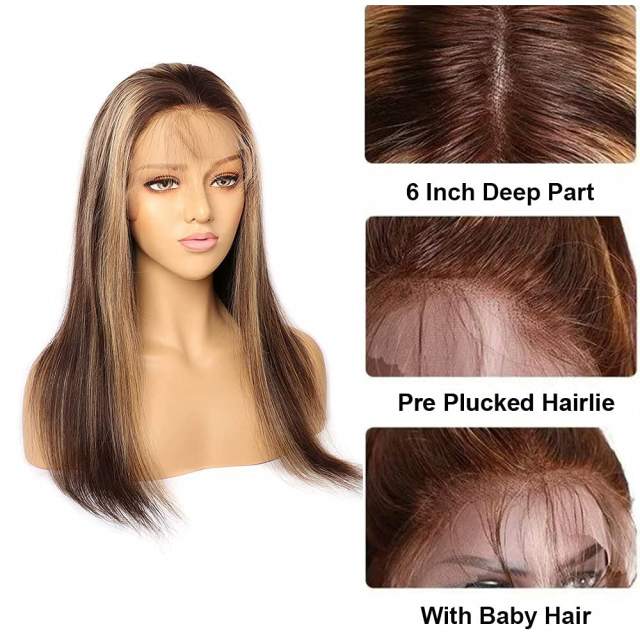 Amoy Virgin Hair 13*6 P4/27 Highlight Honey Blonde Straight Human Hair Lace Front Wigs