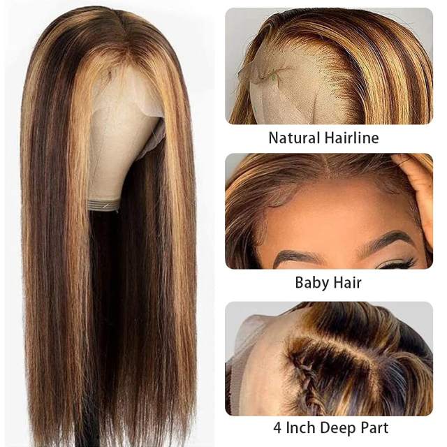 Amoy Virgin Hair 5*5 P4/27 Highlight Honey Blonde Straight Human Hair Lace Front Wigs