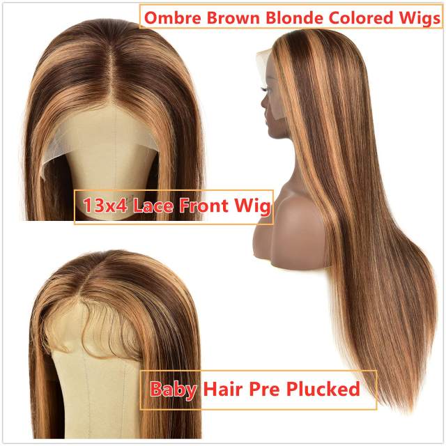 Amoy Virgin Hair 13*4  P4/27 Highlight Honey Blonde Straight Human Hair Lace Front Wigs