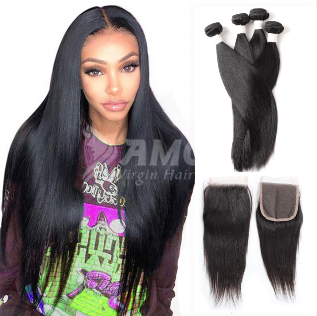 Amoy Virgin Hair Straight 8A Remy Hair 4 Bundles with 4*4 Lace Closure