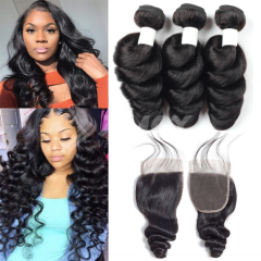 Amoy Virgin Hair Loose Wave  8A Remy Hair 3 Bundles with 4*4 Lace Closure