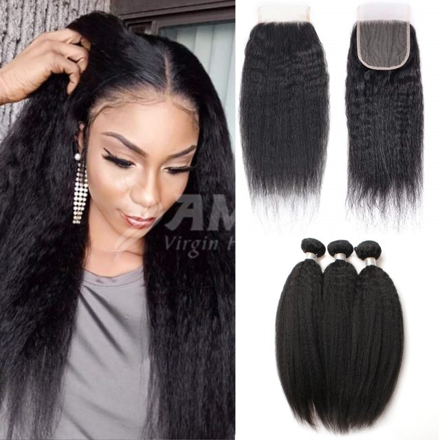 Amoy Virgin Hair Yaki Straight  8A Remy Hair 3 Bundles with 4*4 Lace Closure