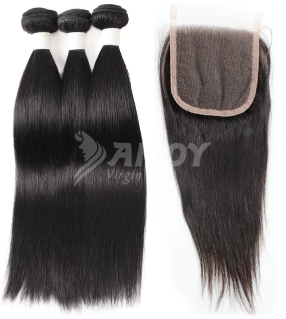 Amoy Virgin Hair Straight 8A Remy Hair 4 Bundles with 4*4 Lace Closure