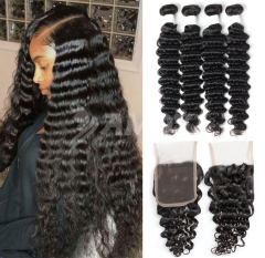 Amoy Virgin Hair Deep Wave 8A Remy Hair 4 Bundles with 4*4 Lace Closure