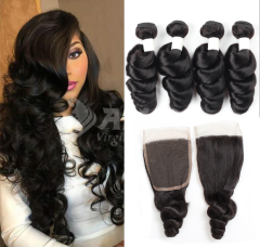 Amoy Virgin Hair Loose Wave 8A Remy Hair 4 Bundles with 4*4 Lace Closure