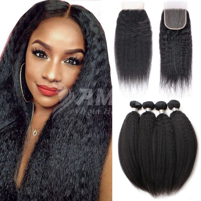 Amoy Virgin Hair Yaki Straight 8A Remy Hair 4 Bundles with 4*4 Lace Closure