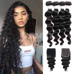 Amoy Virgin Hair Loose Deep 8A Remy Hair 4 Bundles with 4*4 Lace Closure