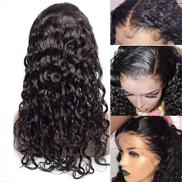 Amoy Virgin Hair 4*4 Natural Black Hairline Water Wave Human Hair Lace Front Wigs