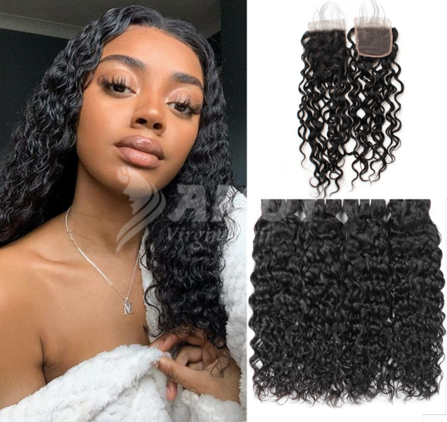 Amoy Virgin Hair Water Wave 8A Remy Hair 4 Bundles with 4*4 Lace Closure