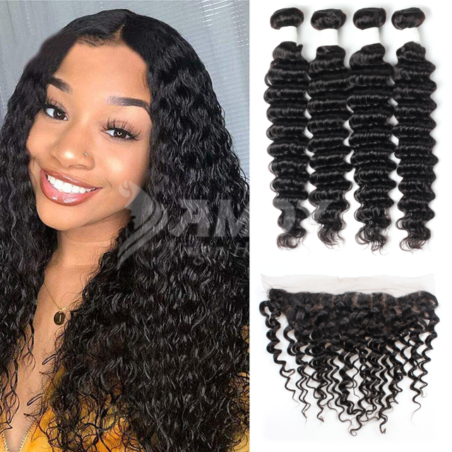 Amoy Virgin Hair Deep Wave 8A Remy Hair 4 Bundles with 13*4 Lace Frontal