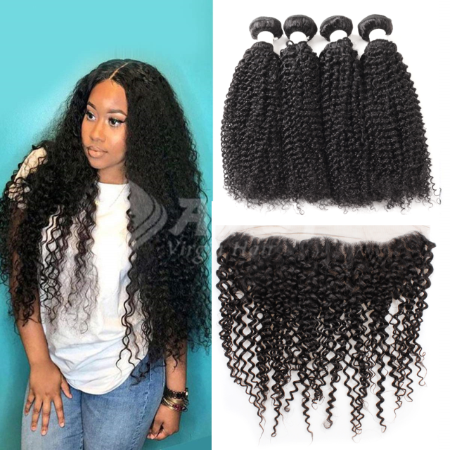 Amoy Virgin Hair Kinky Curly 8A Remy Hair 4 Bundles with 13*4 Lace Frontal