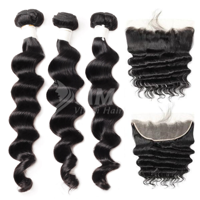 Amoy Virgin Hair Loose Deep 8A Remy Hair 3 Bundles with 13*4 Lace Frontal