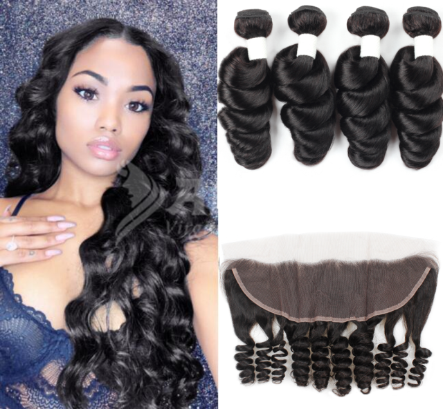 Amoy Virgin Hair Loose Wave 8A Remy Hair 4 Bundles with 13*4 Lace Frontal