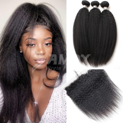 Amoy Virgin Hair Yaki Straight 8A Remy Hair 3 Bundles with 13*4 Lace Frontal