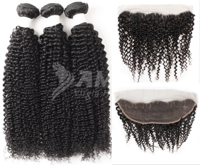 Amoy Virgin Hair Kinky Curly 8A Remy Hair 3 Bundles with 13*4 Lace Frontal