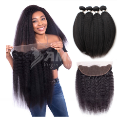 Amoy Virgin Hair Yaki Straight 8A Remy Hair 4 Bundles with 13*4 Lace Frontal