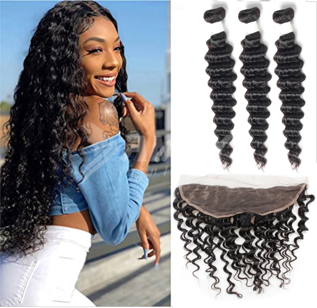 Amoy Virgin Hair Deep Wave 8A Remy Hair 3 Bundles with 13*4 Lace Frontal