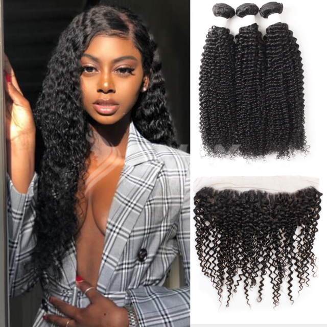 Amoy Virgin Hair Kinky Curly 8A Remy Hair 3 Bundles with 13*4 Lace Frontal