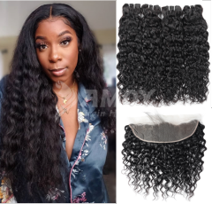 Amoy Virgin Hair Water wave 8A Remy Hair 3 Bundles with 13*4 Lace Frontal
