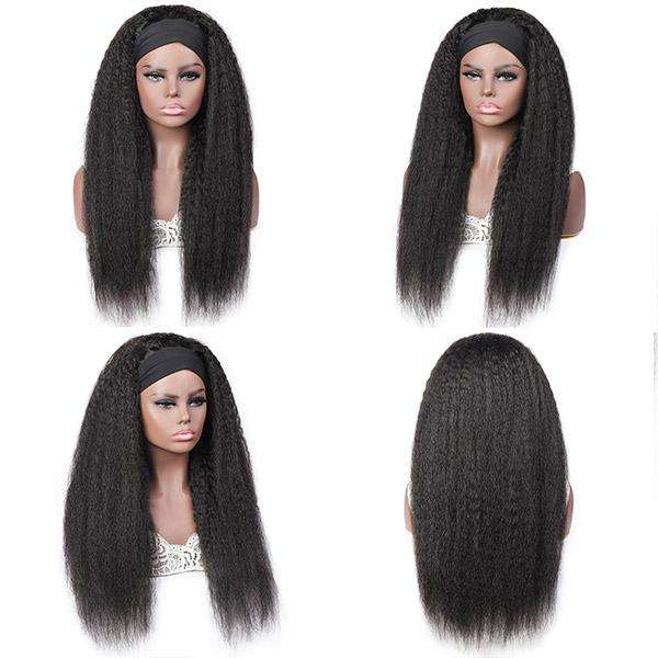 Amoy Virgin Hair Yaki Straight Human Hair Headband Wigs--NO GEL NO SEW IN For beginners, buy one get one free headband