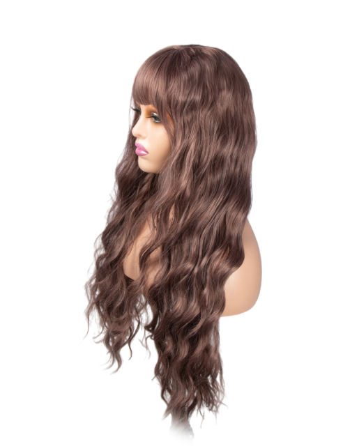 Amoy Virgin Hair Rose Brown With Bangs Machine Made Nature Wave Synthetic wigs-- Around 26 Inches Long