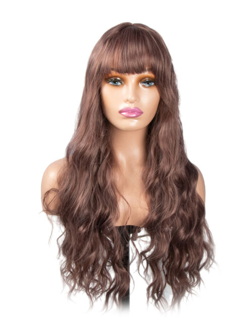 Amoy Virgin Hair Rose Brown With Bangs Machine Made Nature Wave Synthetic wigs-- Around 26 Inches Long