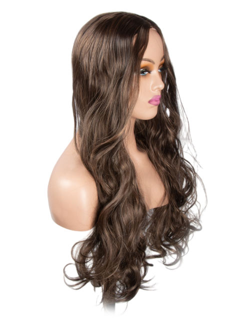 Amoy Virgin Hair Brown Color Machine Made Body Wave Synthetic wigs-- Around 26 Inches Long