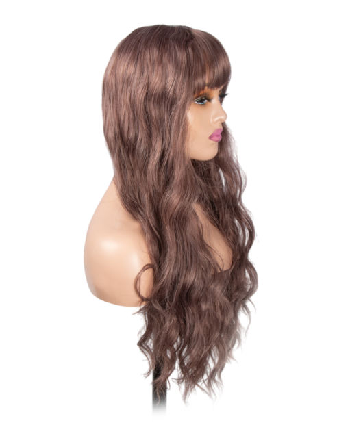 Amoy Virgin Hair Rose Brown With Bangs Machine Made Nature Wave Synthetic wigs-- Around 26 Inches Long