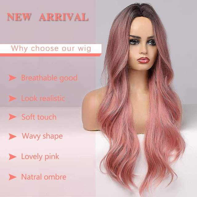 Amoy Virgin Hair Ombre Pink Machine Made Body Wave Synthetic wigs-- Around 26 Inches Long