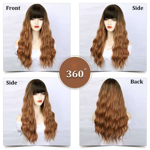Amoy Virgin Hair Ombre Brown With Bangs Machine Made Nature Wave Synthetic wigs-- Around 26 Inches Long
