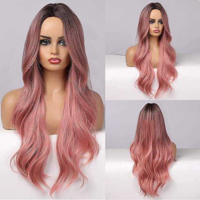 Amoy Virgin Hair Ombre Pink Machine Made Body Wave Synthetic wigs-- Around 26 Inches Long