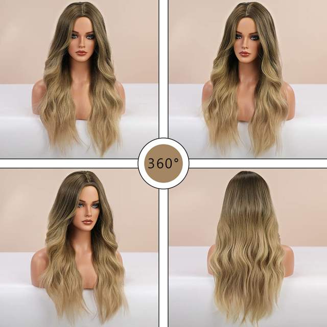 Amoy Virgin Hair Ombre Dark Ashy Blonde Machine Made Body Wave Synthetic wigs-- Around 26 Inches Long