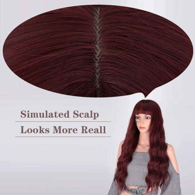 Amoy Virgin Hair Burgundy Red With Bangs Machine Made Nature Wave Synthetic wigs-- Around 26 Inches Long