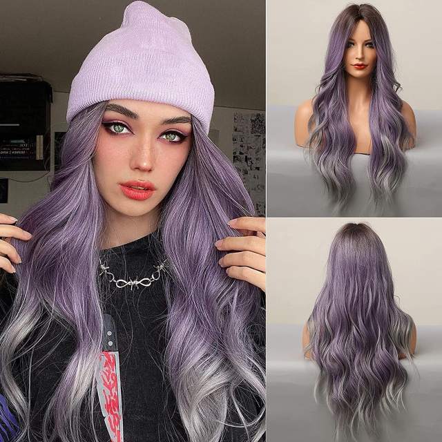 Amoy Virgin Hair Ombre Purple Machine Made Body Wave Synthetic wigs-- Around 26 Inches Long