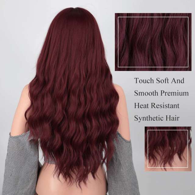 Amoy Virgin Hair Burgundy Red With Bangs Machine Made Nature Wave Synthetic wigs-- Around 26 Inches Long