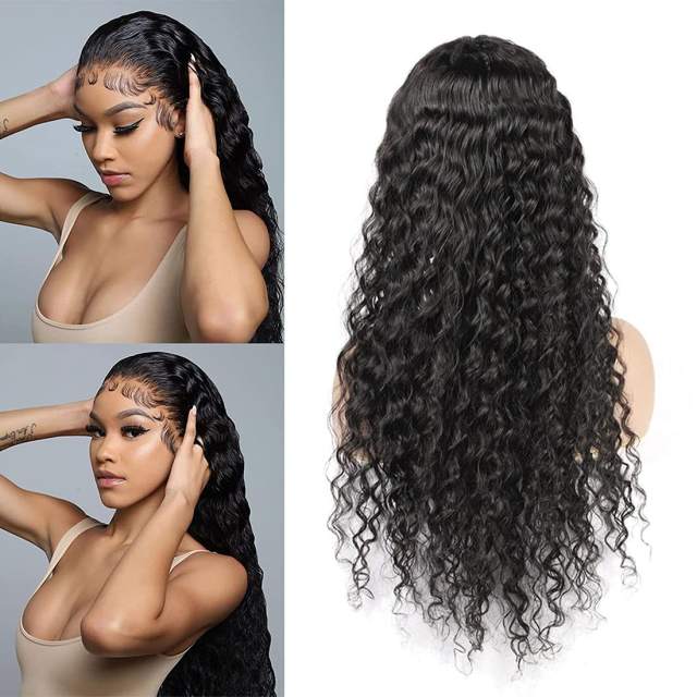 Amoy Virgin Hair T Part Natural Black Hairline Deep Wave Human Hair Lace Wigs