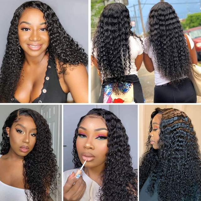 Amoy Virgin Hair 4*4 Natural Black Hairline Deep Wave Human Hair Lace Front Wigs